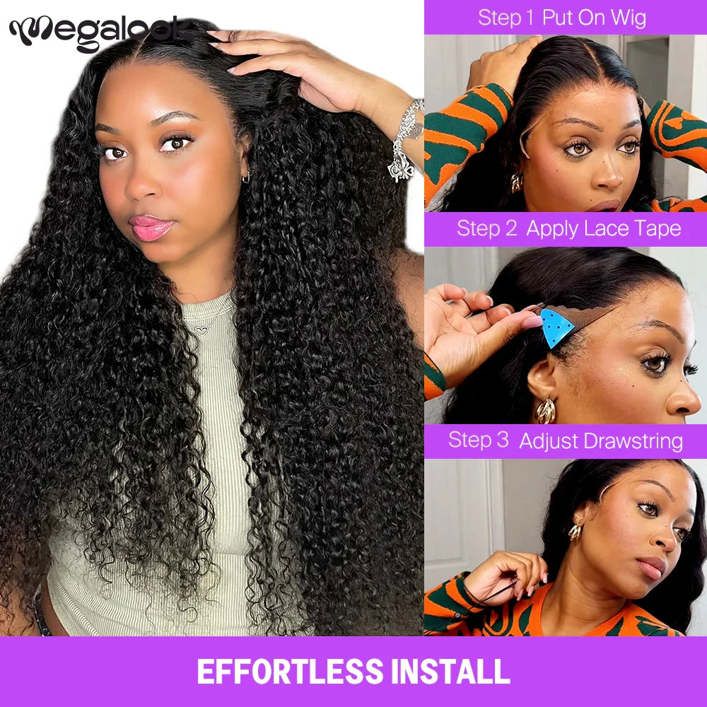 Megalook 13x6 Glueless Curly Wigs Human Hair Bye Knots Pre Plucked Ear to Ear Lace Wig with Drawstring Wigs for Women