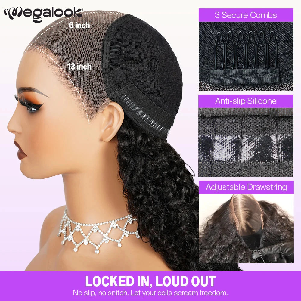 Megalook 13x6 Glueless Curly Wigs Human Hair Bye Knots Pre Plucked Ear to Ear Lace Wig with Drawstring Wigs for Women