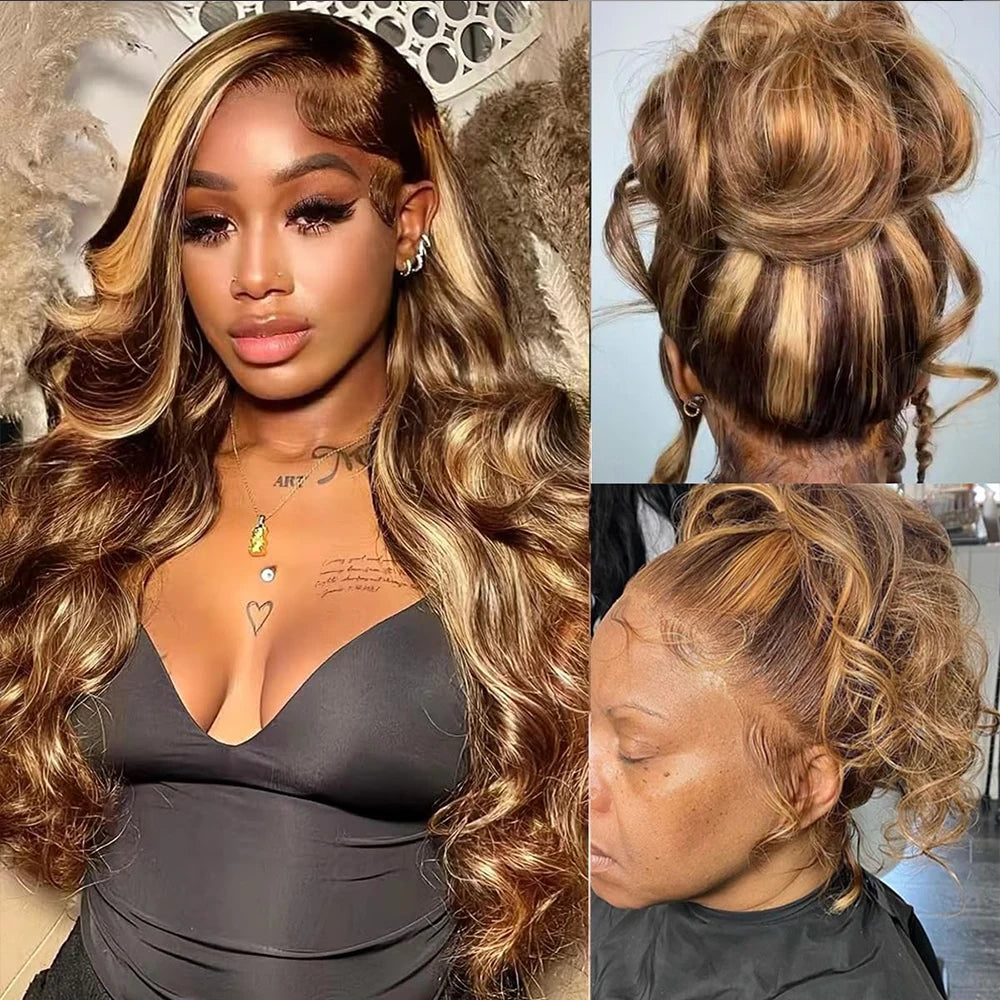 Highlight 360 Full Lace Wig Human Hair Pre plucked P4/27 38 Inches HD 360 13X4 Lace Front Wig Body Wave Highlight Wig Human Hair