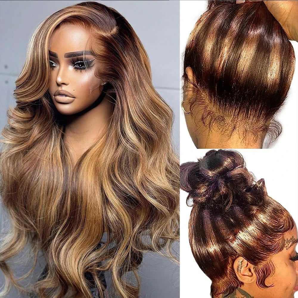 Highlight 360 Full Lace Wig Human Hair Pre plucked P4/27 38 Inches HD 360 13X4 Lace Front Wig Body Wave Highlight Wig Human Hair