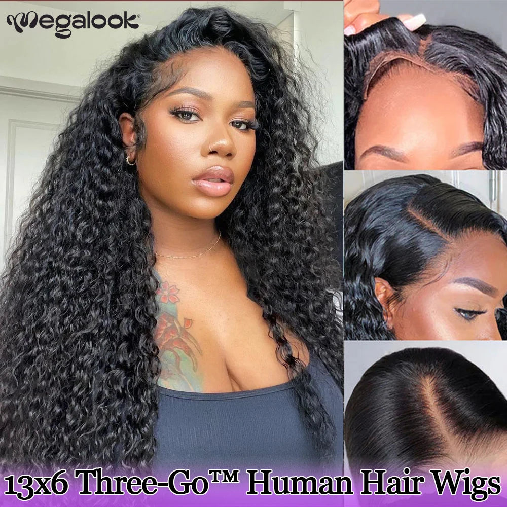 Megalook 13x6 Glueless Curly Wigs Human Hair Bye Knots Pre Plucked Ear to Ear Lace Wig with Drawstring Wigs for Women