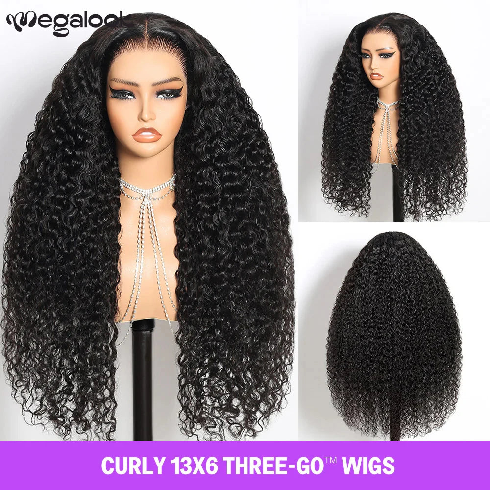 Megalook 13x6 Glueless Curly Wigs Human Hair Bye Knots Pre Plucked Ear to Ear Lace Wig with Drawstring Wigs for Women