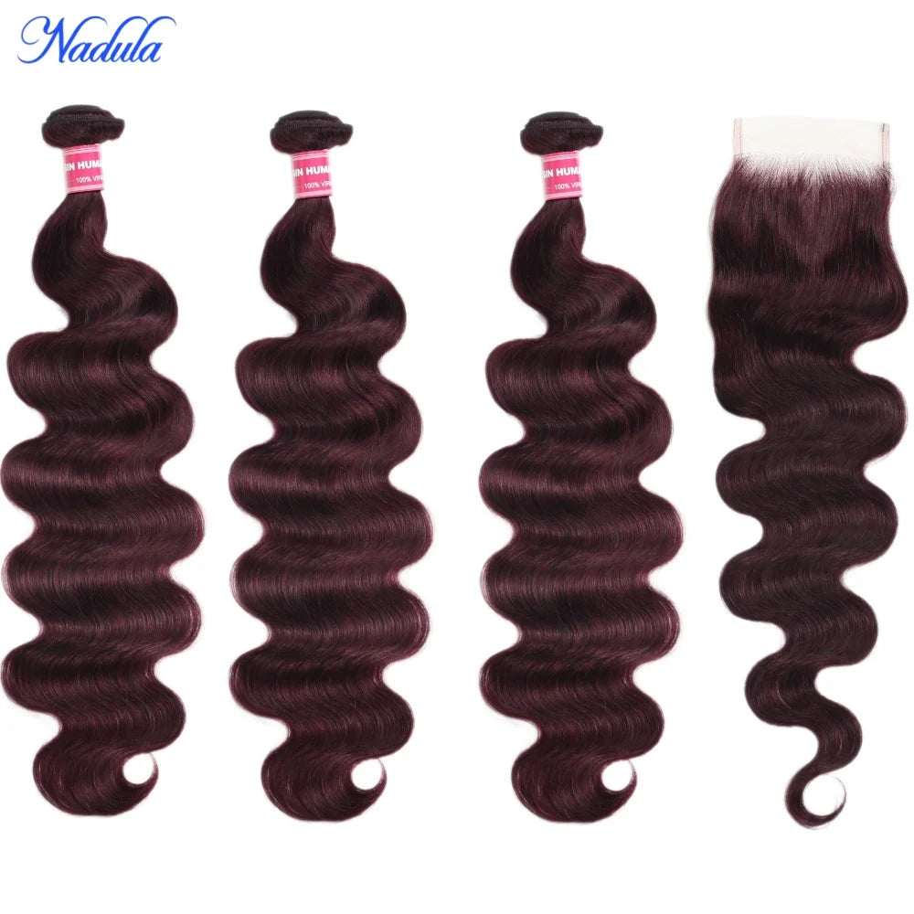 Nadula Hair Purple Black Cherry Brazilian Body Wave Bundles With Free Part Closure 4x4 Lace Closure Brazilian Hair Weave
