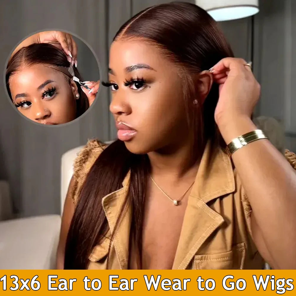 4# Chocolate Brown 13x6 HD Glueless Human Hair Wigs Ear to Ear Lace Front Wigs Wear and Go PrePlucked Bye Bye Knots Megalook Wig