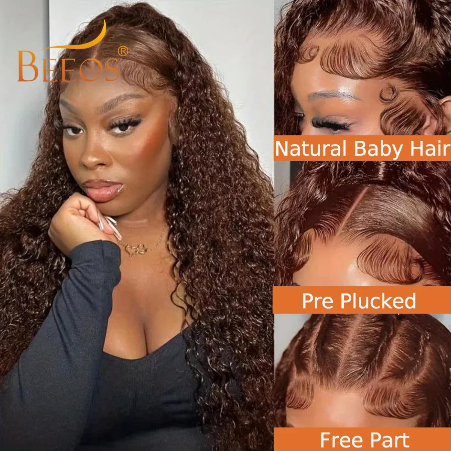 250% Chocolate Brown Water Wave 13x6 HD Transparent Lace Frontal Wigs Human Hair Pre Plucked Melt Skins Curly Wig Brazilian Hair