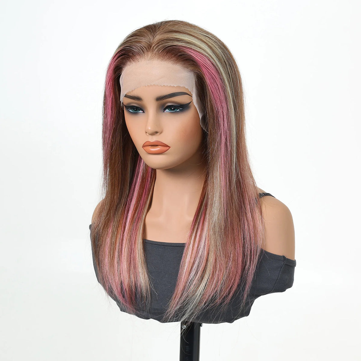 13x4 Lace Front Wig Straight Pink Highlights Blended Human Hair Synthetic Mix Pre Plucked Natural Hairline