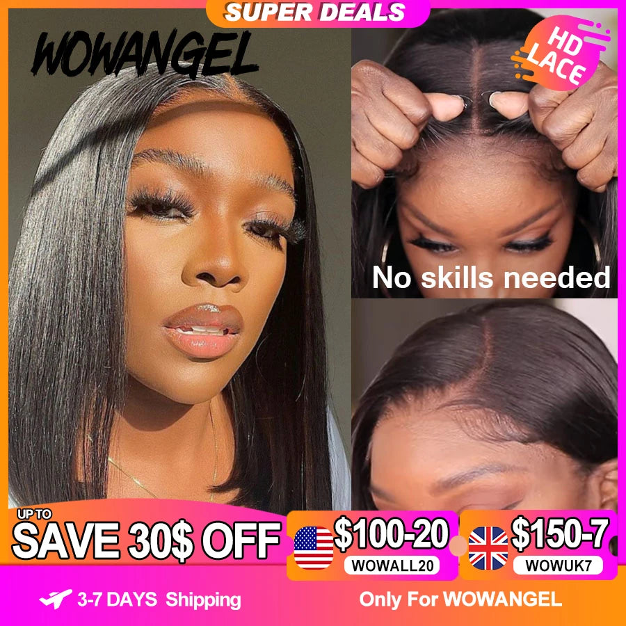 Short Bob Glueless Wigs Pre Cut 5x5 HD Lace Closure Wig Human Hair Straight Short Blunt Cut Bob Wigs Pre Plucked Ready to Wear