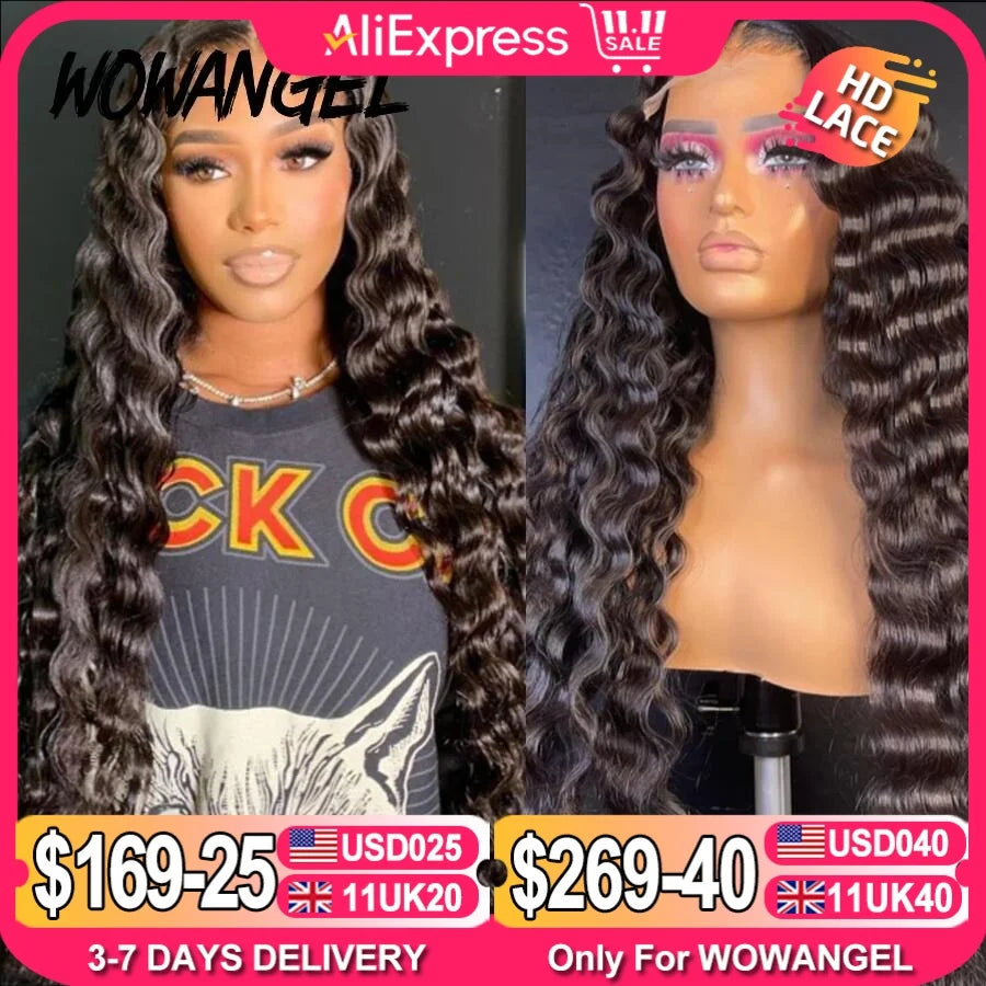 Wow Angel HD Lace Frontal Wigs 32inch Deep Wave Wigs 13x6 Full Lace Front Human Hair Wigs Melt Skins Glueless Lace Closure Wigs