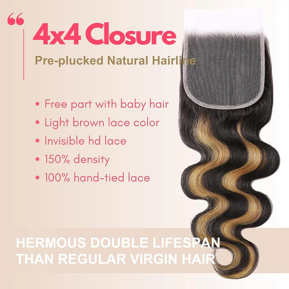 Highlight Human Hair Bundles with Closure Body Wave Ultra Thick F1B/27 Honey Blonde Ombre Raw Hair Bundles with 4x4 Lace Closure