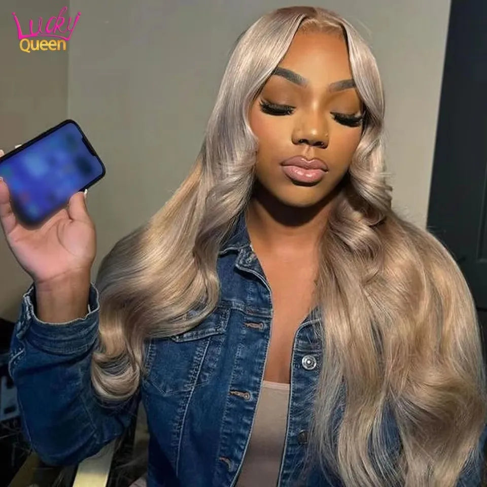 Ash Blonde 200 Density Body Wave Human Hair Wigs with Baby Hair 13X6 Transparent Lace Frontal Wig Pre Plucked Pure Color