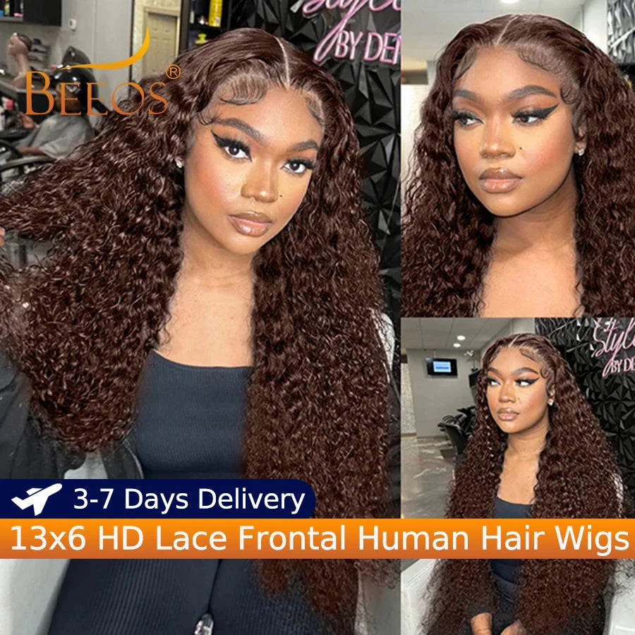 250% Chocolate Brown Water Wave 13x6 HD Transparent Lace Frontal Wigs Human Hair Pre Plucked Melt Skins Curly Wig Brazilian Hair