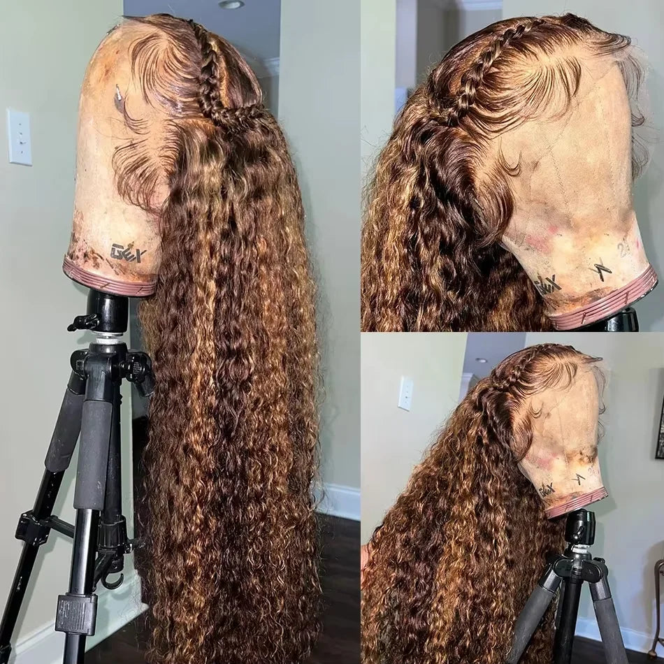 4/27 32 Inch Highlight Honey Brown Curly Lace Front Human Hair Wigs 13x6 Ombre Colored Deep Wave Lace Frontal Wigs Women ﻿