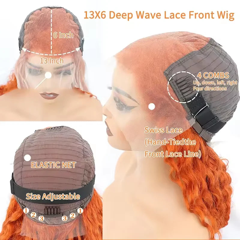 Orange Ginger Lace Front Wig Curly Human Hair Wigs Glueless Water Deep Wave Frontal Wig 13x4 13x6 HD Lace Front Human Hair Wig