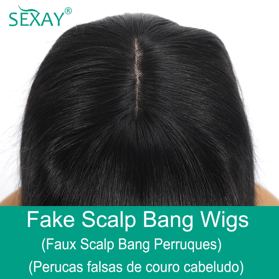 30 32 Fake Scalp Bang Wig Brazilian Human Hair 180 200 Density 3 Inch Scalp Hairline Fringe Human Hair Wigs With Bangs For Women