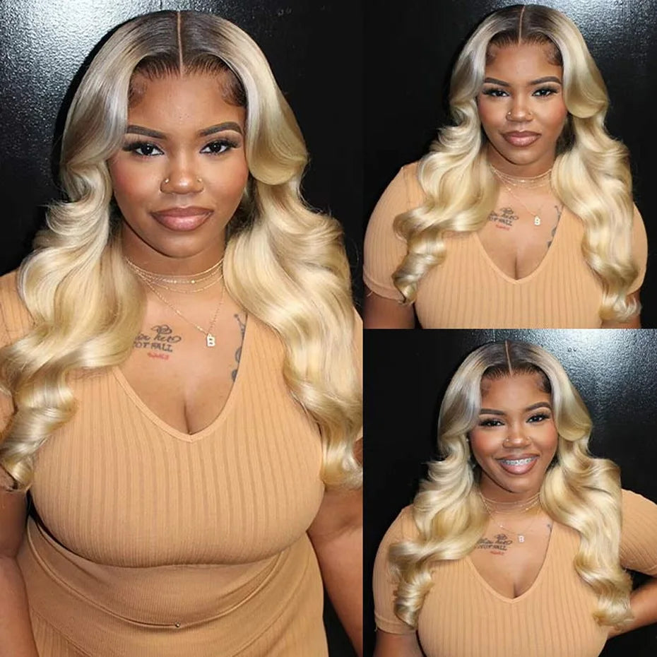 1B 613 Honey Blonde Ombre Colored Human Hair Wigs 13x6 Hd Lace Frontal Wigs Body Wave Human Hair Wigs With Baby Hair Dark Roots Blonde Wigs Human Hair With Pre Plucked Glueless Brazilian Wigs On Sale Lace Front Human Hair Wig
