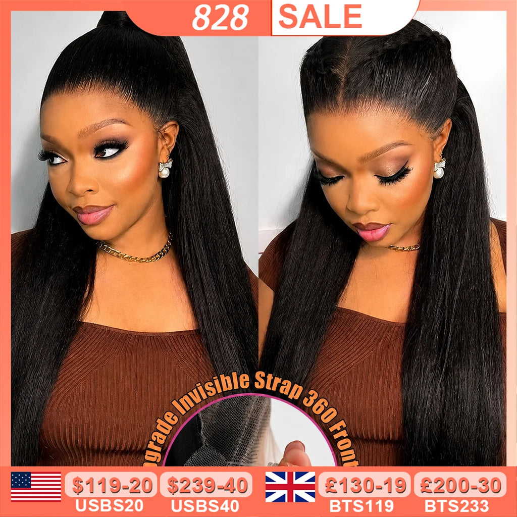 Yaki Straight Invisi-Drawstring 360 HD Lace Frontal Human Hair Wigs Glueless Lace Front Wig 250% Density Natural Color 32 Inches