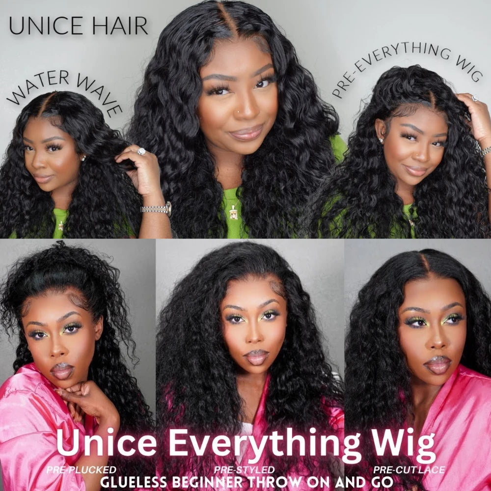UNice Pre Everything 7X5 & 13x4 Lace Frontal Water Wave Wig With Drawstring 180% Density Glueless Human Hair Wigs