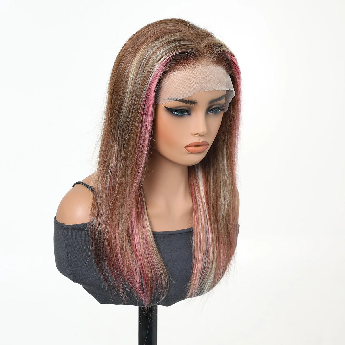 13x4 Lace Front Wig Straight Pink Highlights Blended Human Hair Synthetic Mix Pre Plucked Natural Hairline