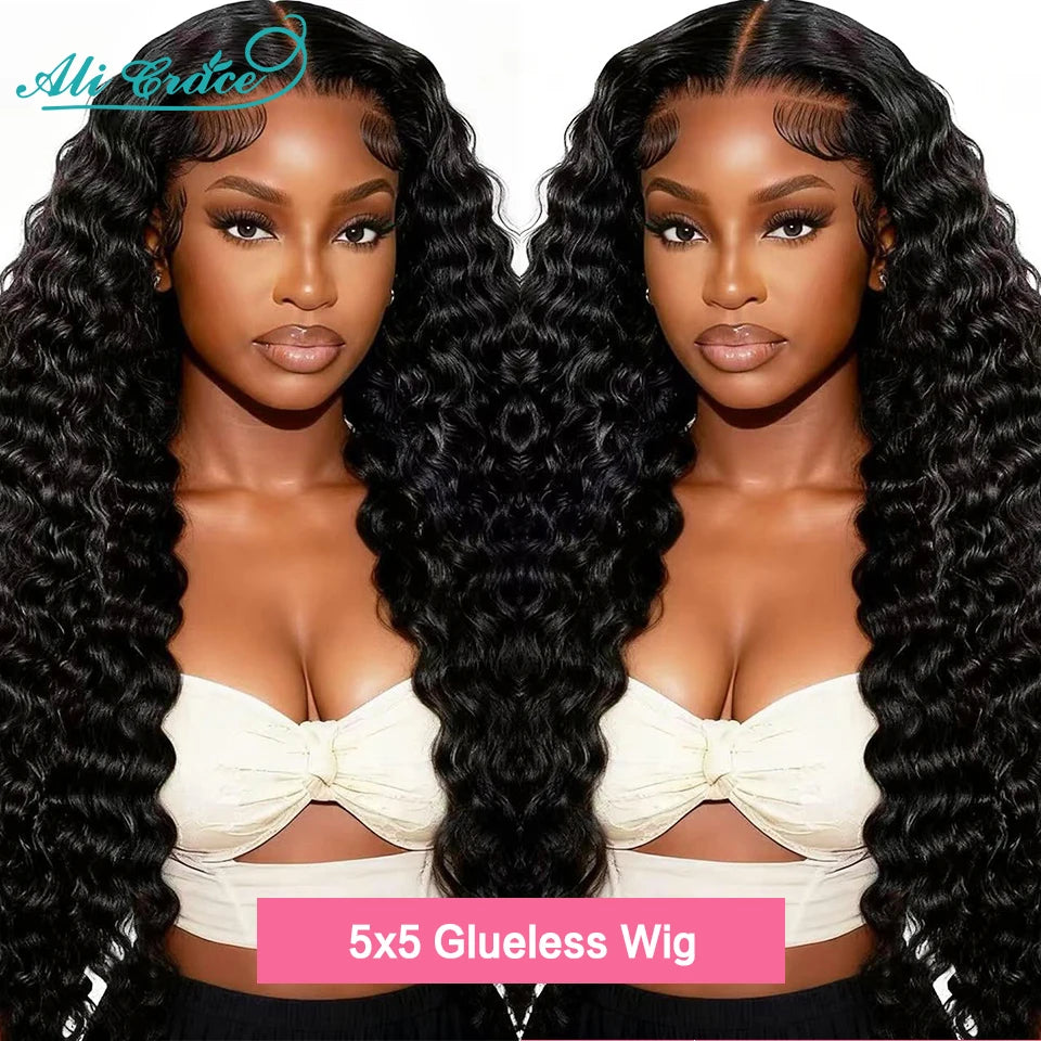 Ali Grace Deep Wave Hair 5x5 Lace Closure Human Hair Wigs Water Wave Brazilian Hair Pre-plucked Wear&Go Glueless Wigs for Women