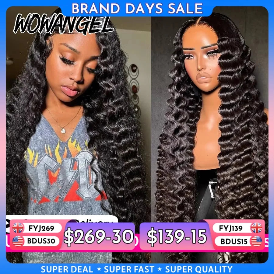 Wow Angel Deep Wave 13x6 HD Lace Frontal Wigs 250% Jet Black HD Lace Front Human Hair Wigs Skinlike Natural Hairline Remy hair