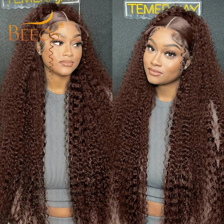 250% Chocolate Brown Water Wave 13x6 HD Transparent Lace Frontal Wigs Human Hair Pre Plucked Melt Skins Curly Wig Brazilian Hair