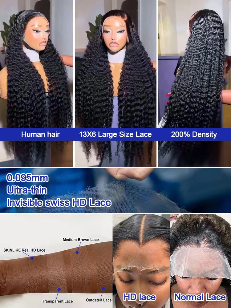 300% High Density Water Wave Human Hair Wigs HD Transparent 13x6 13x4 Deep Wave Lace Frontal Wig Brazilian Real Virgin Hair 40 42 Inch Jerry Curly Lace Front Human Hair Wigs For Women Wet and Wavy Frontal Wigs Preplucked Hair