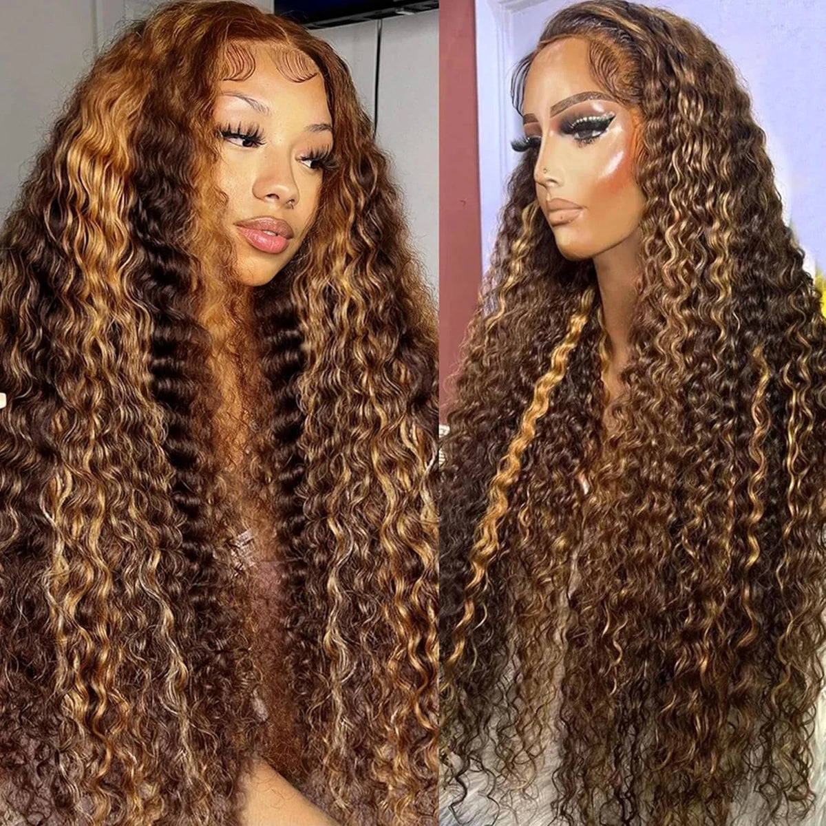 Honey Blonde Curly Wigs 13x6 Glueless Highlight Wig Human Hair Ready To Wear Ombre Colored Brazilian Deep Wave Human Hair Wig