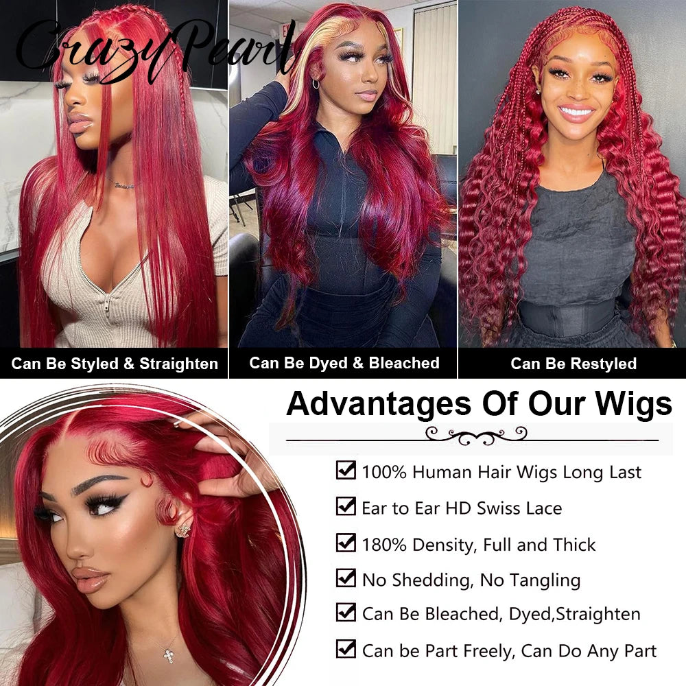 99J Burgundy 13X6 Lace Front Wigs Human Hair Red Wig 250% Density Body Wave 5X5 Lace Closure Wigs Pre Plucked Lace Front Wigs