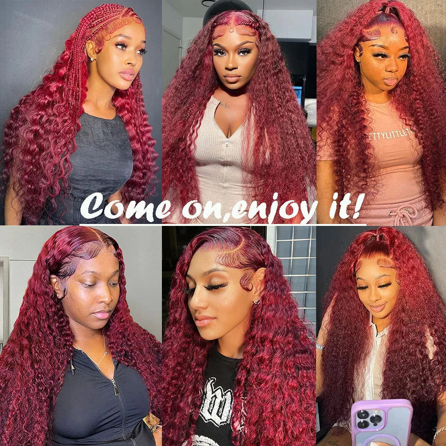 Swupod 200 Density 13x4 HD Lace Front Wig for Black Women Deep Wave Wavy Remy Human Hair 99J Burgundy Color Glueless