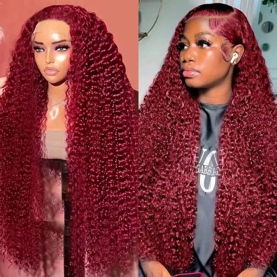 Amznlady 99J Burgundy 13x6 Deep Wave Frontal Wigs For Women 13x4 HD Transparent Curly Human Hair Wigs Pre Plucked