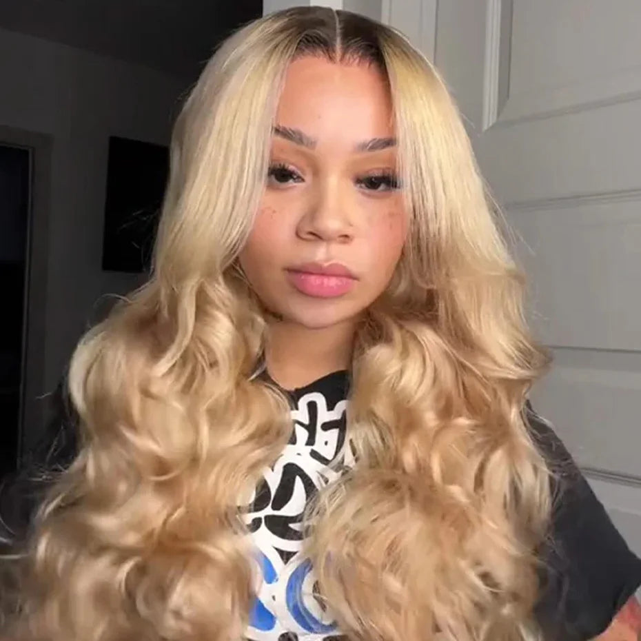 1B 613 Honey Blonde Ombre Colored Human Hair Wigs 13x6 Hd Lace Frontal Wigs Body Wave Human Hair Wigs With Baby Hair Dark Roots Blonde Wigs Human Hair With Pre Plucked Glueless Brazilian Wigs On Sale Lace Front Human Hair Wig