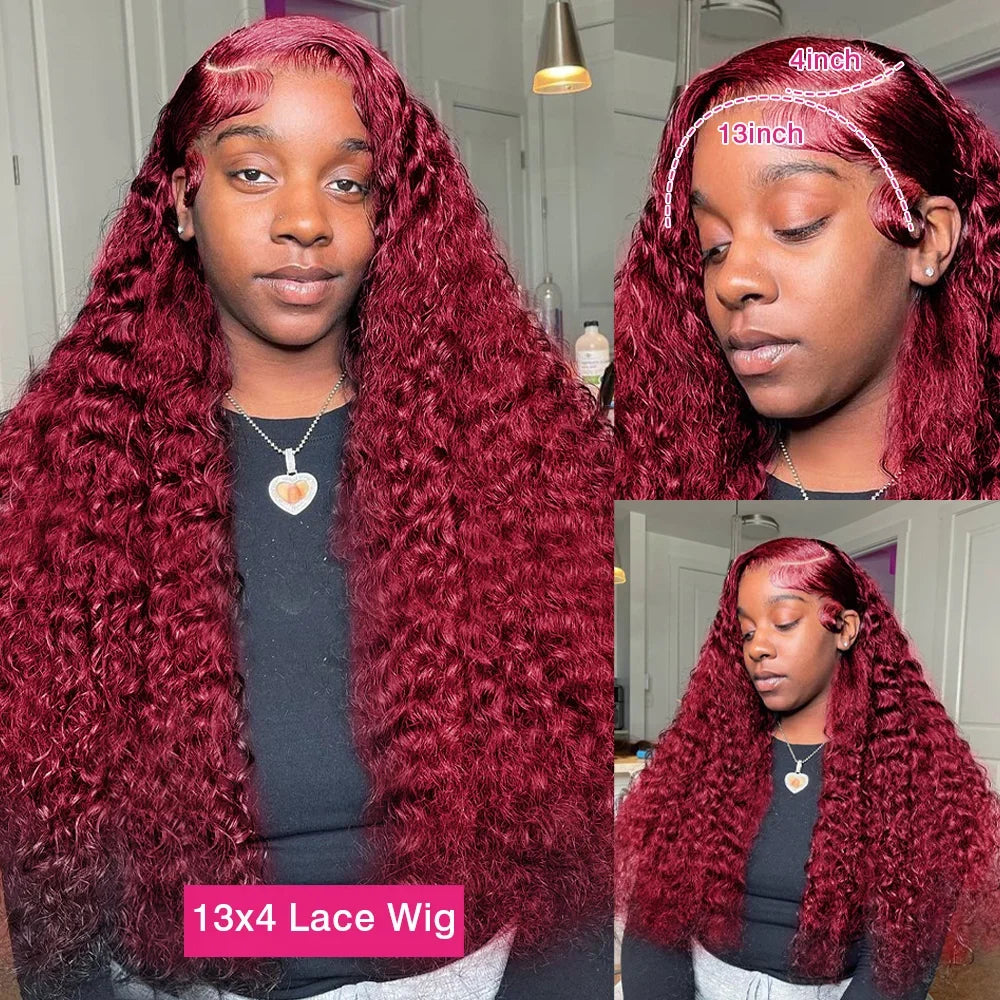 Amznlady 99J Burgundy 13x6 Deep Wave Frontal Wigs For Women 13x4 HD Transparent Curly Human Hair Wigs Pre Plucked