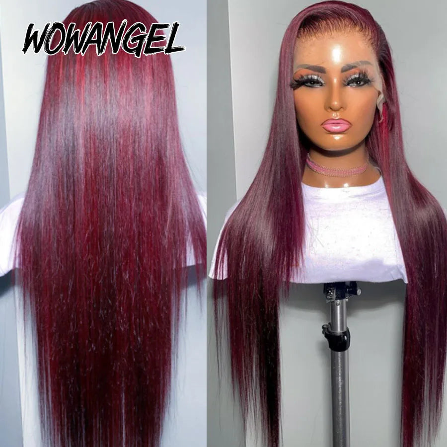 Pre Cut Lace Wig 99J Burgundy 13x6 HD Lace Frontal Human Hair Wig 30inch Straight Wigs Melt Skins 250% Red Colored Wig For Woman