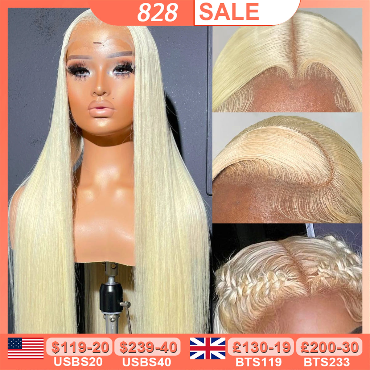 BEEOS 250% 34inch 613 Blonde 13x6 HD Full Lace Frontal Human Hair Wigs Straight Glueless 5x5 HD Lace Closure Wigs PrePlucked