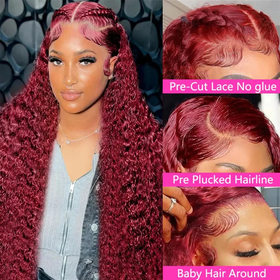 Amznlady 99J Burgundy 13x6 Deep Wave Frontal Wigs For Women 13x4 HD Transparent Curly Human Hair Wigs Pre Plucked