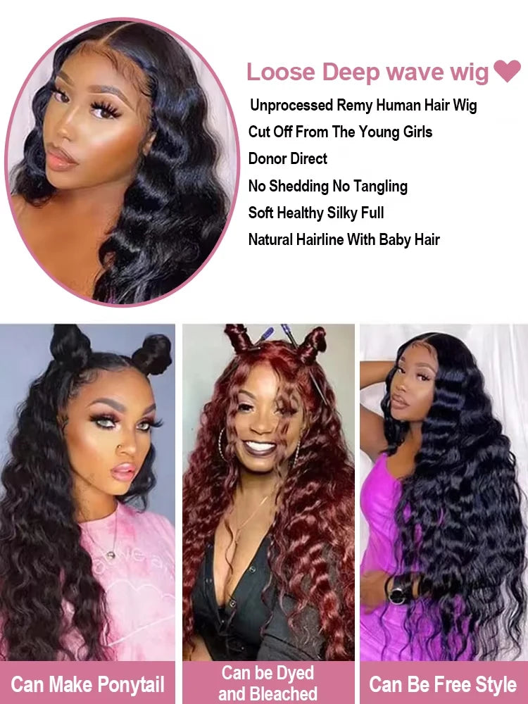 250 Density Loose Deep Wave 13x4 360 Full Lace Front Wig 40 42 Inch 13x6 HD Loose Wave Lace Frontal Human Hair Wigs For Women 100% Real Virgin Raw Human Hair Wig Bleached Knots Preplucked Natural Hairline Wet And Wavy Lace Wi