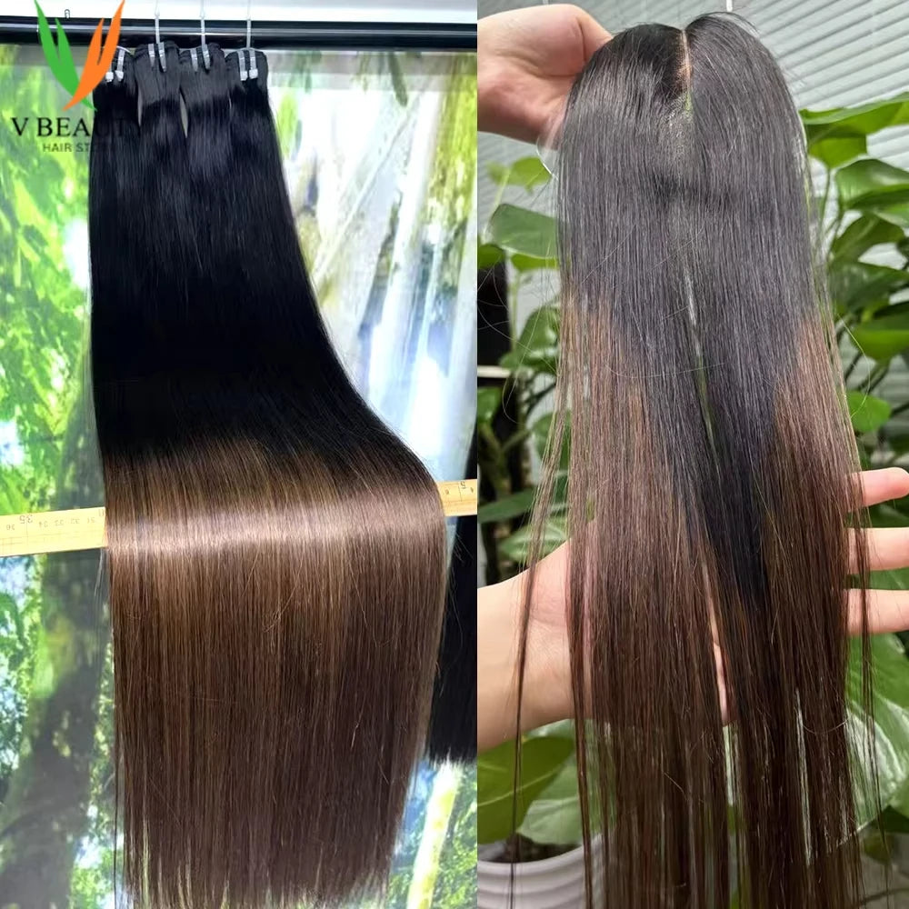 V Beauty 1BT4 Human Hair Bundles Ombre Brown Honey Raw Vietnamese Hair Bundles and Frontal Straight Closure 2x6 HD Lace 20 Inch