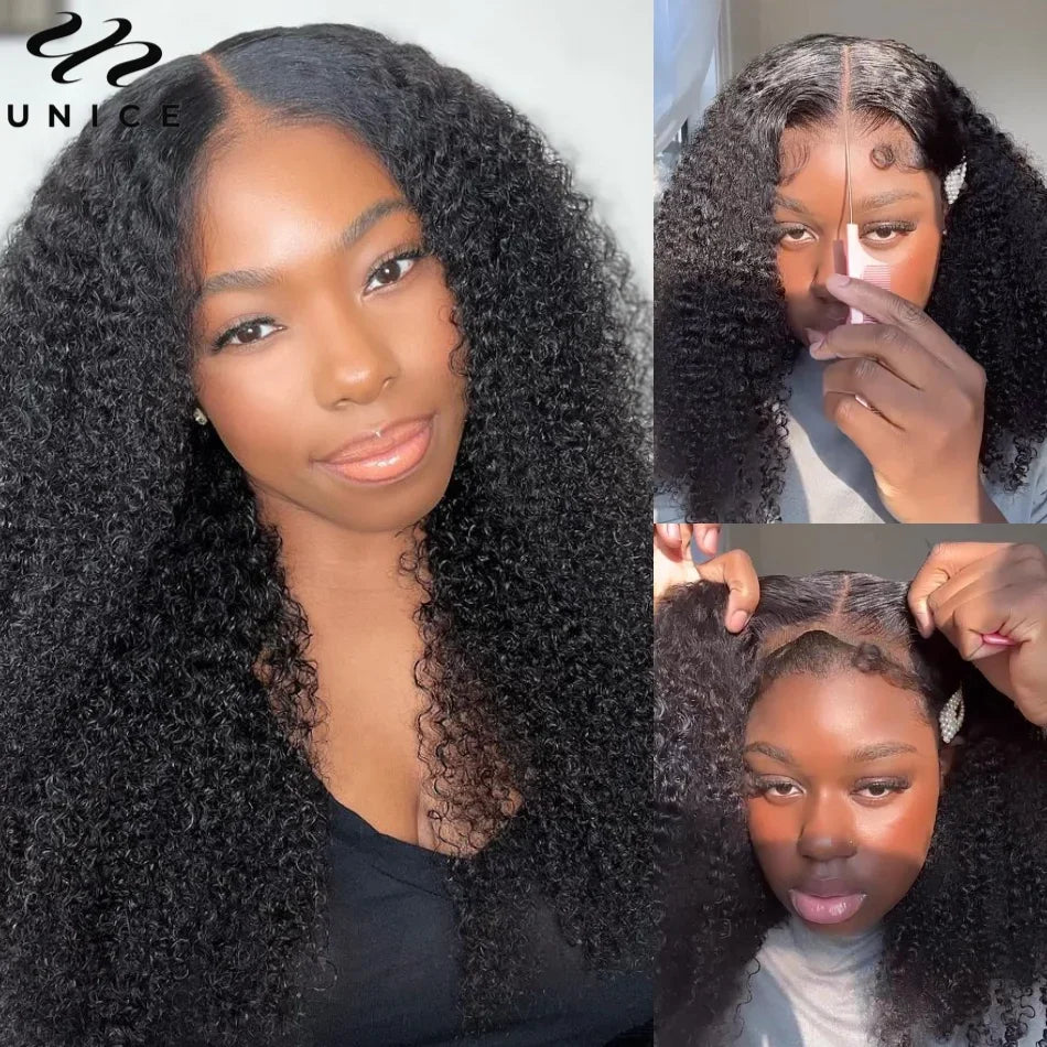 UNice Hair Bye-Bye Knots Wig Kinky Curly Natural Black 7x5 Lace Front Wig for Women Pre Plucked Glueless Wear Go Wigs