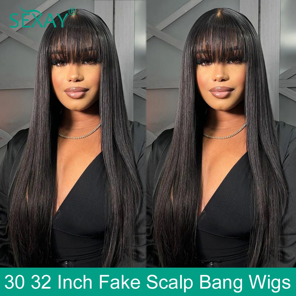 30 32 Fake Scalp Bang Wig Brazilian Human Hair 180 200 Density 3 Inch Scalp Hairline Fringe Human Hair Wigs With Bangs For Women