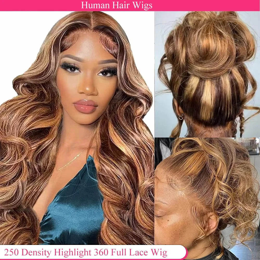 Highlight 360 Full Lace Wig Human Hair Pre plucked P4/27 38 Inches HD 360 13X4 Lace Front Wig Body Wave Highlight Wig Human Hair
