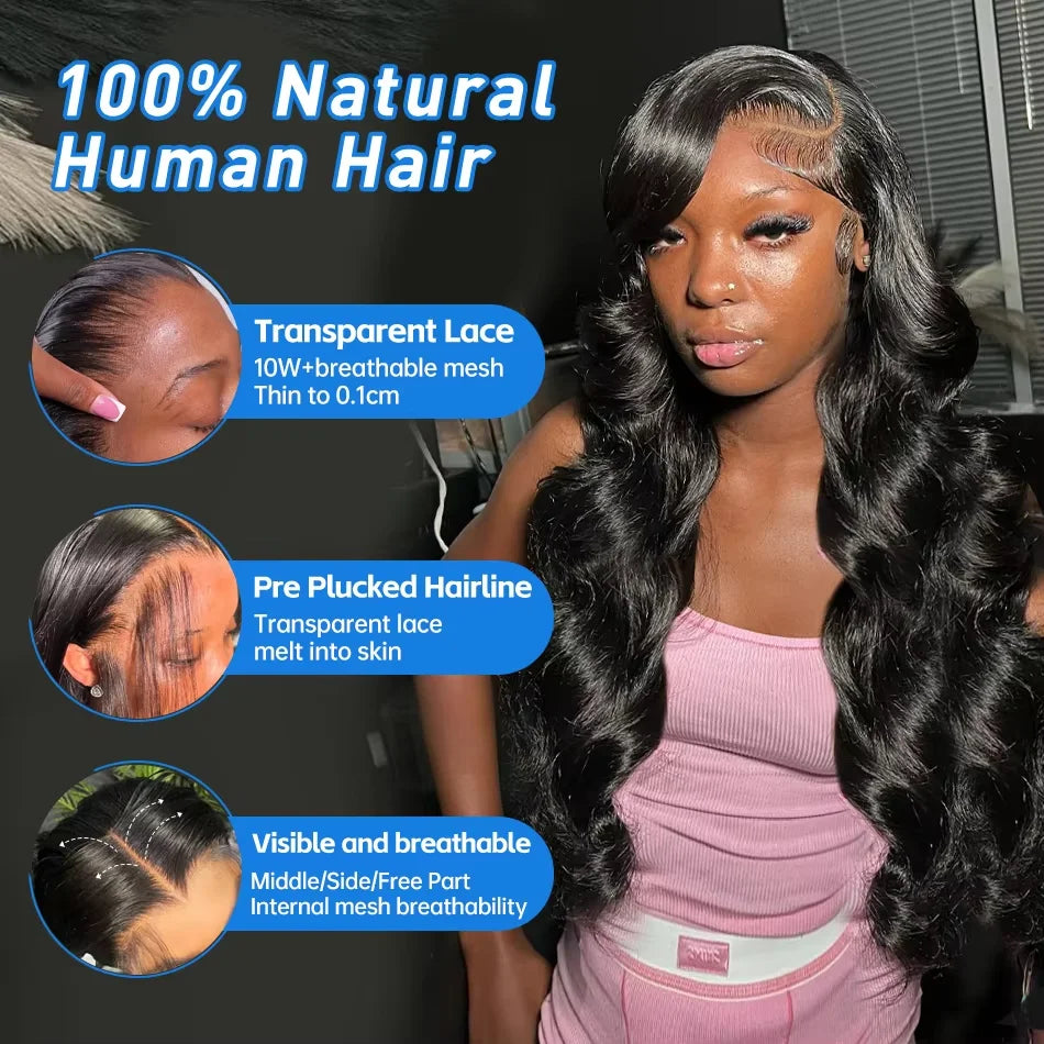 30 38 Inch 13x6 HD Transparent Lace Frontal Wig Body Wave 100% Human Hair Wigs 13x7 Wet And Wavy Lace Front Wig Pre Plucked 200% Pure Virgin Hair For Women