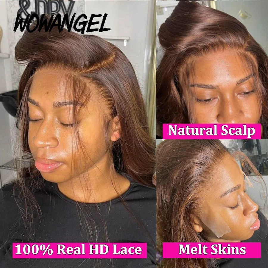 Wow Angel Chocolate Brown Wigs 13x6 HD Lace Front Wigs Melt Skins Body Wave Human Hair Wigs Glueless HD Lace Wigs For Woman