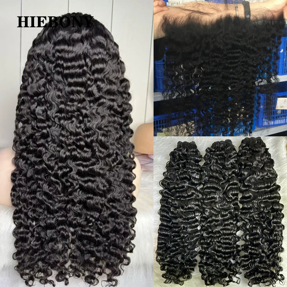 3C4A Burmese Curly Hair Bundle and HD Closure HiEbony 13x6 HD Lace Frontal 100% Human Hair Bundle 5x5 7x7 Melt Skin HD Closure