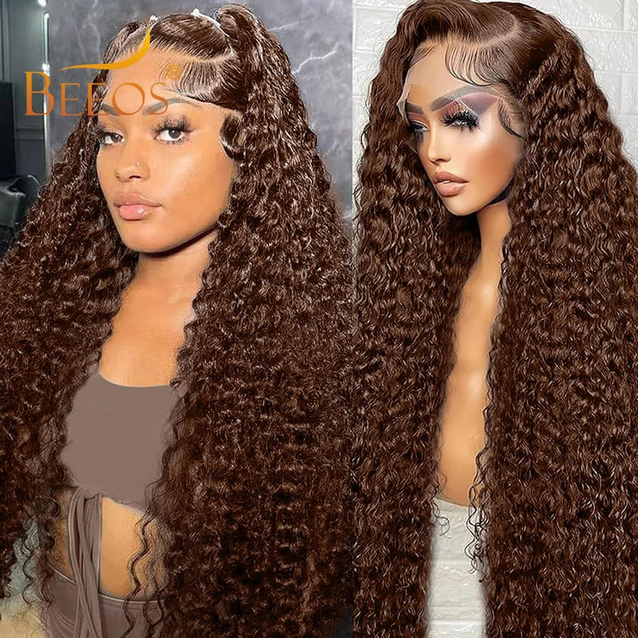 250% Chocolate Brown Water Wave 13x6 HD Transparent Lace Frontal Wigs Human Hair Pre Plucked Melt Skins Curly Wig Brazilian Hair