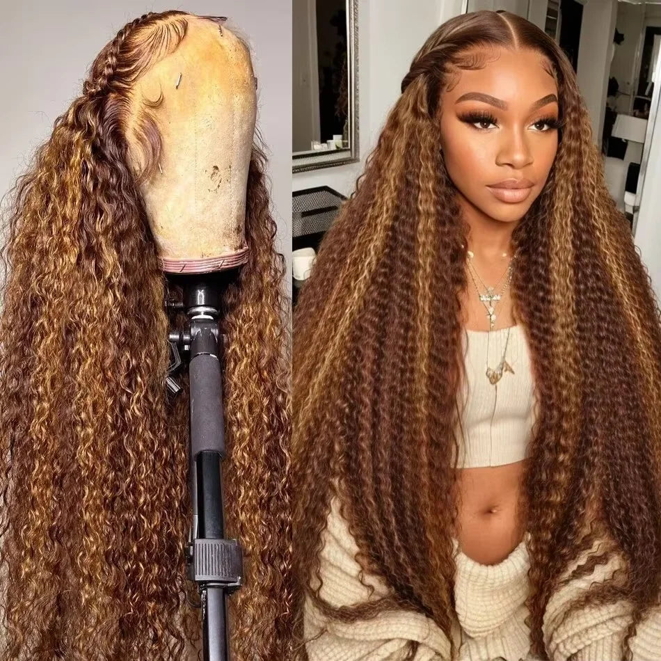 4/ 27 Highlight Honey Brown Curly Transparent HD 13x4 Lace Frontal Real Human Hair Wigs Ombre Color Deep Water Wave Full Wigs