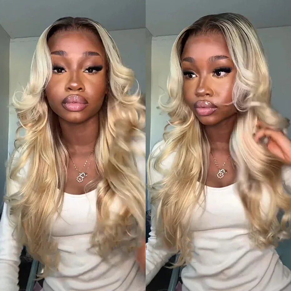 1B 613 Honey Blonde Ombre Colored Human Hair Wigs 13x6 Hd Lace Frontal Wigs Body Wave Human Hair Wigs With Baby Hair Dark Roots Blonde Wigs Human Hair With Pre Plucked Glueless Brazilian Wigs On Sale Lace Front Human Hair Wig