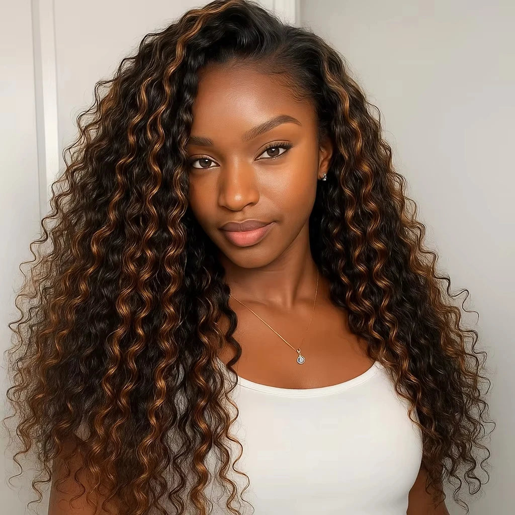 Beginner Friendly Seamless 1B/30 Highlight Wig 200% Density Water Wave Human Hair Half Kinky Curly Wig 3 In 1 Clip Flip Over Go