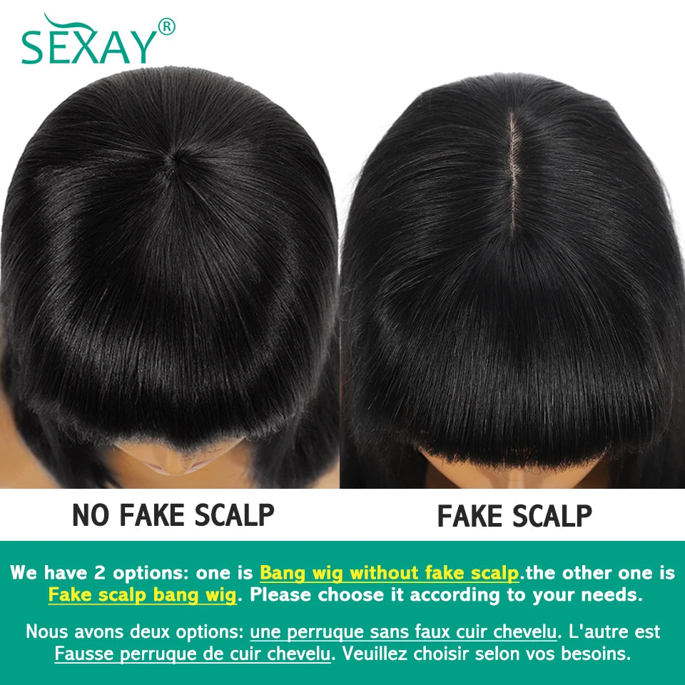 30 32 Fake Scalp Bang Wig Brazilian Human Hair 180 200 Density 3 Inch Scalp Hairline Fringe Human Hair Wigs With Bangs For Women