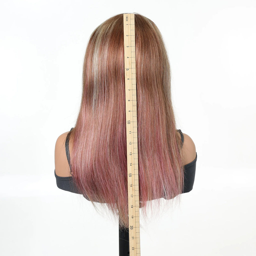 13x4 Lace Front Wig Straight Pink Highlights Blended Human Hair Synthetic Mix Pre Plucked Natural Hairline