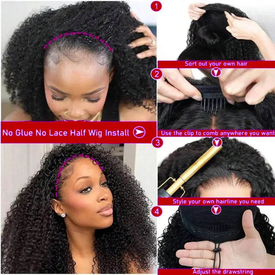 Half Wig Human Hair Jerry Curly Glueless Wigs Human Hair Curly Half Wig Drawstring Seamless Flip Over Half Wigs for Black Women